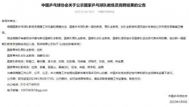 中國乒協發布關于公示國家乒乓球隊教練員競聘結果的公告